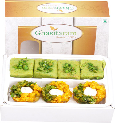 Ghasitaram Gifts Assorted Box of Pista Barfi, Kesar Pista Delight, Choco Boat and Besan Barfi(200 g, Box)