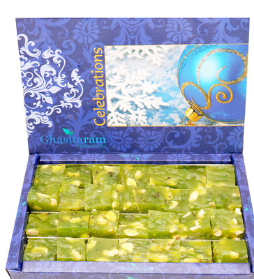

Ghasitaram Gifts Ghasitaram's Kiwi Halwa 800 gms with Om Beads Rakhi(800 g, Box)