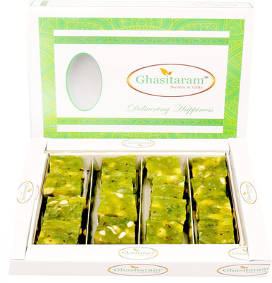 

Ghasitaram Gifts Ghasitaram's Kiwi Halwa 400 gms with Om Beads Rakhi(400 g, Box)