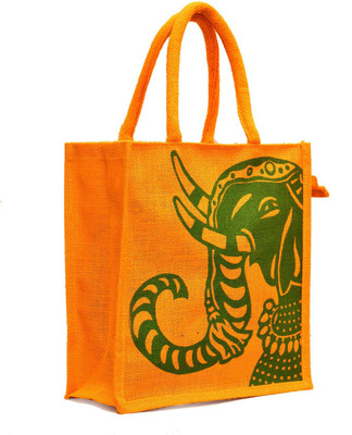 

AGGDA Yellow Color Green Elephant Printed with Rope Handle Jute Burlap Lunch Tiffin Outdoor Handbag Bag Working Office Bag Waterproof Lunch Bag(Yellow, 12 L)