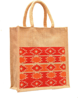 

AGGDA Natural Jute Burlap with Orange Diamond Printed Waterproof Lunch Bag(Brown, 12 L)
