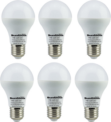 Sun Glow Solar 12 Volt, 7 W Basic Round E27 LED Bulb(White, Pack of 6)