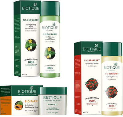 

BIOTIQUE BIO Bio Cucumber Pore Tightening Toner, Bio Papaya Revitalizing Tan Removal Scrub, Bio Berberry Hydrating Cleanser(Set of 3)