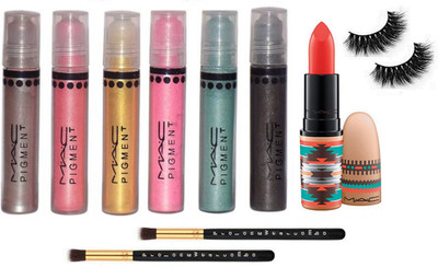 

Pro longwear combo Eyelasehs,Mac Matte Finish Vibe Tribe Lipstick Orange Shades,Pigment 6 Shades,Makeup Brush2(Set of 10)