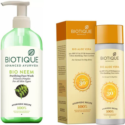 

BIOTIQUE BIO Neem Purifying Face Wash For All Skin Types, aloe vera sun lotion spf 30(Set of 2)