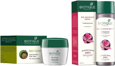 

BIOTIQUE BIO HENNA FRESH POWDER HAIR COLOR, Mountain Ebony vitalizing serum for falling hair(Set of 2)