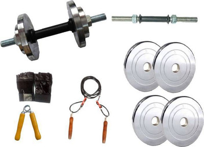 

BAANI INTERNATIONAL BEST QUALITY 8 KG HOME GYM COMBO ..2 KG 4 STEEL CROME PLATES WITH 2 DUMBBELL ROD .+ GYM GLOVES.+ SKIPPING ROPE .+ HAND GRIPPER / GYM KIT Adjustable Dumbbell(8 kg)