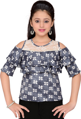 HUNNY BUNNY Girls Casual Polycotton Fashion Sleeve Top(Grey, Pack of 1)