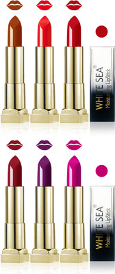

white sea cosmetics makeup velvet glossy lipstick enriched with vitamin E fashion color combo set of 6(purple red violet golden brown maroon orange, 30 ml)
