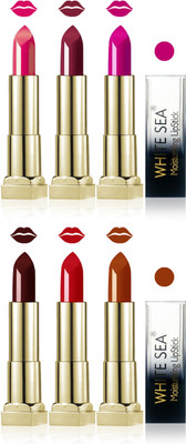 

white sea cosmetics makeup velvet glossy lipstick enriched with vitamin E fashion color combo set of 6(purple red hot chocolate falsa golden brown carrat)