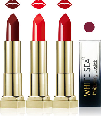 

white sea cosmetics makeup velvet glossy lipstick enriched with vitamin E fashion color combo set of 3(red coffee brown orange, 15 ml)