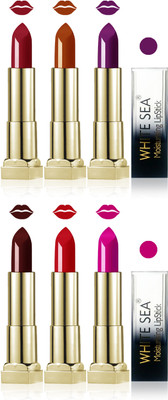 

white sea cosmetics makeup velvet glossy lipstick enriched with vitamin E fashion color combo set of 6(purple red hot chocolate violet golden brown maroon, 30 ml)