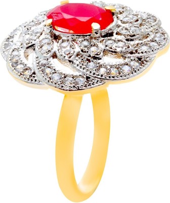 memoir Red Ruby Color Stone Studded Brass Cubic Zirconia Gold Plated Ring