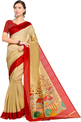 AJS Printed Kota Doria Cotton Blend Saree(Beige)