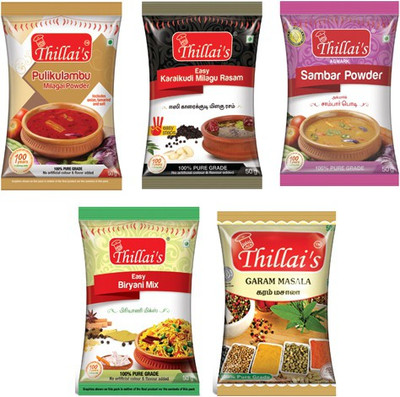 

Thillai's Sambar Powder (50g)+Biriyani Masala (50g)+Rasam Powder(50g)+Kulambhu Milagai Powder (50g)+Garam Masala(50g)(5 x 50 g)