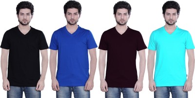 zebu Solid Men V Neck Multicolor T-Shirt