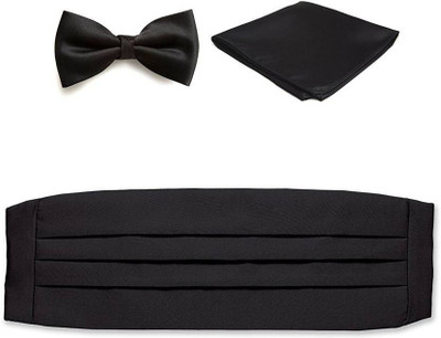 Qtsy Cummerbund Pocket Square Bow Black Solid Men Tie(Pack of 3)