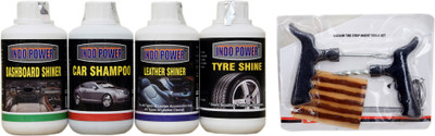 INDOPOWER DASHBOARD SHINER 250ML+CAR WASH SHAMPOO 250ml+ TYRE SHINER 250ml.+ LEATHER SHINER 250ml+ 1 set Tubeless Tyre Puncture kit. COMBO PACK Combo