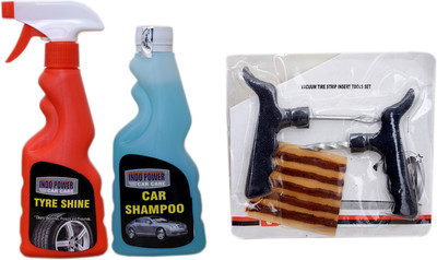 INDOPOWER TYRE SHINER SPRAY 250ml.+ CAR SHAMPOO 250ml+ 1 set Tubeless Tyre Puncture kit. Combo