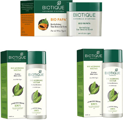 BIOTIQUE BIO Morning Nectar Flawless Skin Moisturizer, Papaya Revitalizing Tan-Removal Scrub(Set of 3)