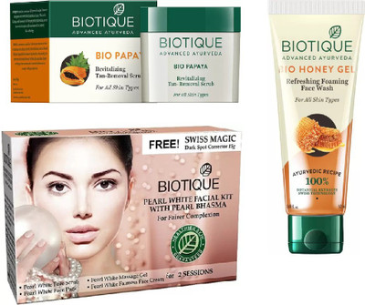 

BIOTIQUE BIO Bio Pearl White Facial Kit, Bio Papaya Revitalizing Tan Removal Scrub, Bio Honey Gel Refreshing Foaming Face Wash(Set of 3)