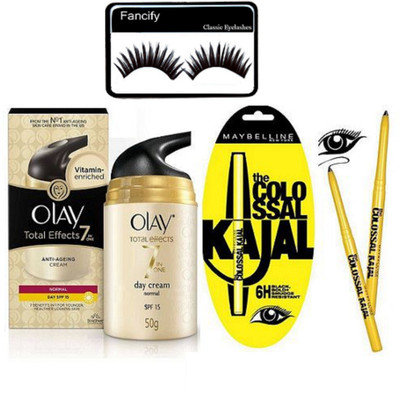 

Fancify Eyelashes& Olay Total effects 7 in one Day Cream,Maybelline Colossal Kajal Face Pack of 3(Set of 5)