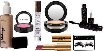 

9 to 5 eyelashes , mac makeup pro long wear foundation,prep+[prime primer , pink blusher , studio fix compact , 2 in 1 eyeliner & mascara with absolute argan oil lip color(Set of 7)