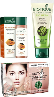 

BIOTIQUE BIO pearl white facial kit with pearl bhasma, Honey Gel Refreshing Foaming Face cleanser , Neem Purifying Face Wash(Set of 3)