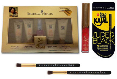 

Pro longwear combo Makeup Brush2,Shahnz Hussain 24 Carat Gold Facial Kit,New York Kajal Super Black,Kylie Birthday Edition Lipgloss(Set of 5)