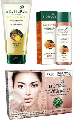 

BIOTIQUE BIO Bio Pineapple Oil Control Foaming Face wash, Bio Honey Gel Refreshing Foaming Face Cleanser For All Skin Types, Bio Pearl White Facial Kit(Set of 3)