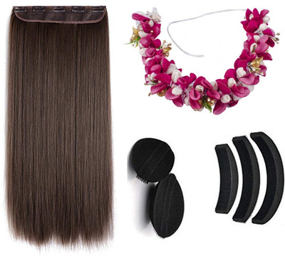 

Majik Wedding Women Combo Straight Dark Brown One Piece 5 Clips In Hair Extensions + Beautiful Gajra For Hair( Veni) + Hair Puff Accessories Used For Special Occasion(Set of 7)