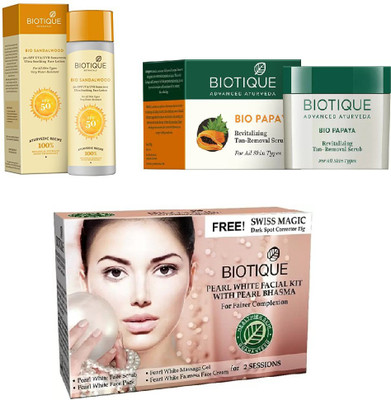 

BIOTIQUE BIO Bio Sandalwood 50+ Spf Sunscreen Ultra Soothing Face Lotion, Bio Papaya Revitalizing Tan Removal Scrub, Bio Pearl White Facial Kit(Set of 3)