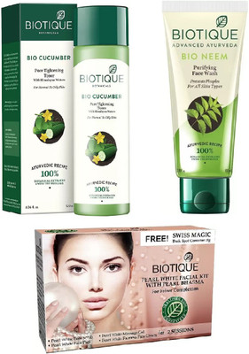 

BIOTIQUE BIO pearl white facial kit with pearl bhasma, Cucumber Pore Tightening Toner, Neem Purifying Face Wash(Set of 3)