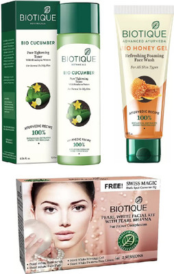 

BIOTIQUE BIO Cucumber Pore Tightening Toner, pearl white facial kit with pearl bhasma, Honey Gel Face Wash(Set of 3)