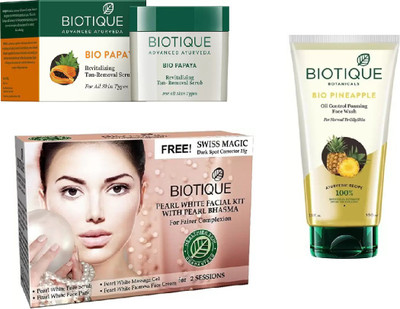 

BIOTIQUE BIO Bio Papaya Revitalizing Tan Removal Scrub, Bio Pearl White Facial Kit, Bio Pineapple Oil Control Foaming Face Wash(Set of 3)
