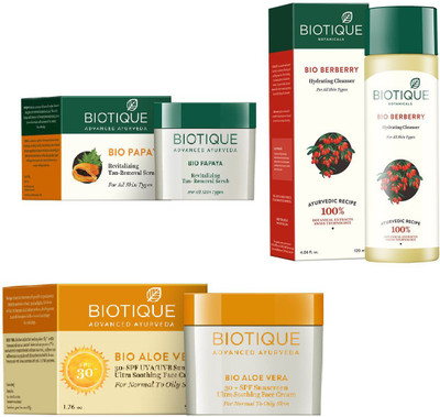 

BIOTIQUE BIO Bio Aloe Vera 30+ Spf Sunscreen Cream, Bio Papaya Revitalizing Tan Removal Scrub, Bio Berberry Hydrating Cleanser(Set of 3)
