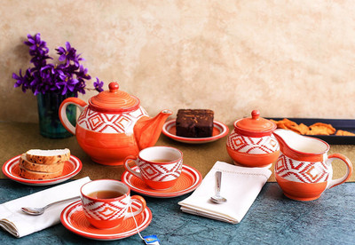 

caffeine Ceramic Handmade Block Pattern Tea Kettle Set (15pc) … Ceramic(White, Orange, Pack of 15)
