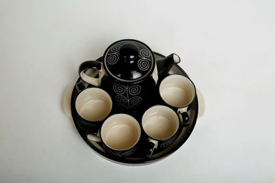 

Caffeine Ceramic Handmade Black Doodle Ceramic(Black, Pack of 6)