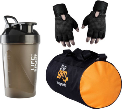 

Hilex Combo of Gym Accessories Kit or Fitness Kit, 20l Orange Gym Bag + Hand Support Black Gym Gloves + 500ml Black Life is a Sport Shaker Bottle / Protein Shaker / Sipper for Both Men's & Women's, Boy's & Girl's. Gym & Fitness, Home Gym Kit