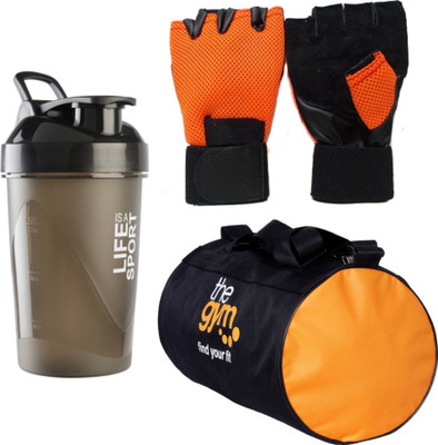 

Hilex Combo of Gym Accessories Kit or Fitness Kit, 20l Orange Gym Bag + Hand Support Orange Gym Gloves + 500ml Black Life is a Sport Shaker Bottle / Protein Shaker / Sipper for Both Men's & Women's, Boy's & Girl's. Gym & Fitness, Home Gym Kit