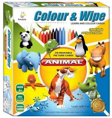 

Amazia Color and Wipe Animal Cards (20 reusable cards, 1 duster and 12 shades crayons) for kiddzz.(Multicolor)