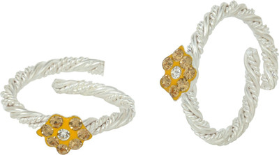memoir Flower Shape Turmeric Yellow Brass Cubic Zirconia Silver Plated Toe Ring Set