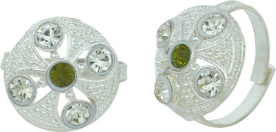 memoir Round Traditional Design Brass Cubic Zirconia Silver Plated Toe Ring Set