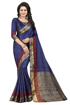 FINEWEAR Woven Banarasi Cotton Silk Saree(Dark Blue)