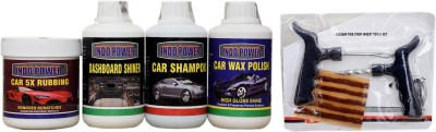 INDOPOWER DASHBOARD SHINER 250ml+ CAR 5X RUBBING POLISH 250ml+ CAR WAX POLISH 250ml+ CAR SHAMPOO 250ml+ 1 set Tubeless Tyre Puncture kit. Combo