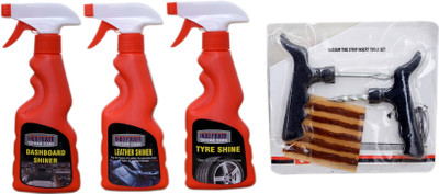 INDOPOWER LEATHER SHINER SPRAY 250ml+DASHBOARD SHINER SPRAY 250ml+TYRE SHINER SPRAY 250ml+ 1 set Tubeless Tyre Puncture kit. Combo