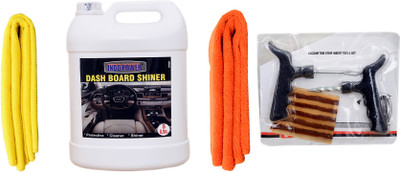 INDOPOWER DASHBOARD SHINER 5ltr + 2PC CAR MICROFIBER CLOTH ( YELLOW + ORANGE)+ 1 set Tubeless Tyre Puncture kit. Combo