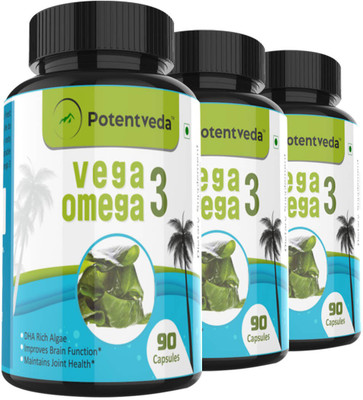 Potentveda Omega 3 Algae extract rich in DHA EPA vegetarian 90 capsules(3 x 90 No)