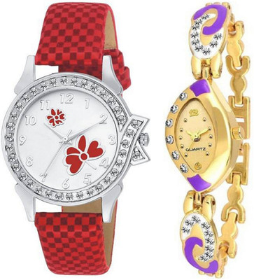 

TRUE KART New Unique Collection Red Flower Dial Leather Belt Combo Watch - For Women