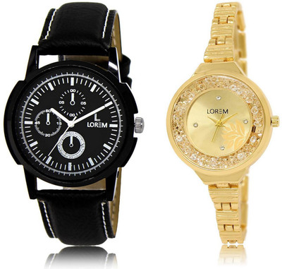 

LOREM MF-13-224 Designer Stylish Gold & Black Round Boy's & Girl's Metal Bracelet & Leather Watch - For Men & Women